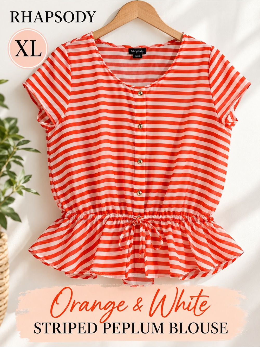Rhapsody XL Orange White Striped Peplum Blouse Sheer Chiffon Top